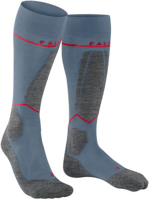 Blaue Skisocken mit roten Details und Falke-Logo. Blaue Skisocken mit roten Details und Falke-Logo.