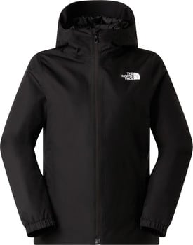 Schwarze The North Face Jacke mit weißem Logo auf der Brust und Kapuze.