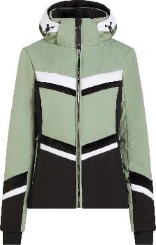 Grüne Skijacke mit schwarzen und weißen Streifen und Kapuze.