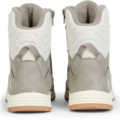 Rückansicht von Winterstiefeln in Beige und Grau mit Reißverschluss.