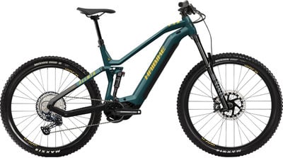 Grünes Mountain-E-Bike mit Federung und gelben Details. Grünes Mountain-E-Bike mit Federung und gelben Details.