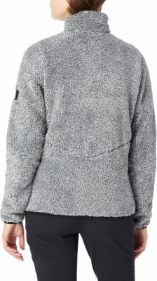 Grauer Damen-Fleecejacke mit hohem Kragen und Logo am Ärmel. Grauer Damen-Fleecejacke mit hohem Kragen und Logo am Ärmel.