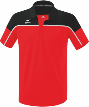 Rotes Poloshirt mit schwarzem Kragen und Ärmeln, mit weißem Streifen.
