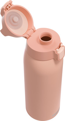 Eine rosa Flasche mit Klappdeckel und Schlaufe, mit Logo am unteren Teil. Eine rosa Flasche mit Klappdeckel und Schlaufe, mit Logo am unteren Teil.