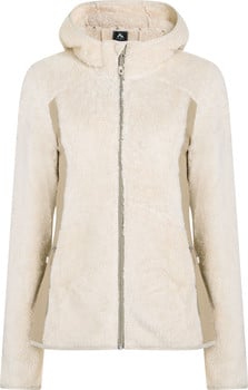 Beige Fleecejacke mit Kapuze und Reißverschluss.
