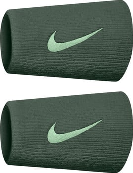 Zwei dunkelgrüne Stoff-Schweißbänder mit Nike-Logo.
