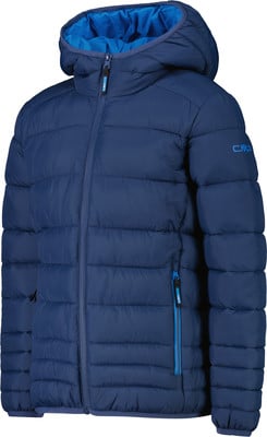 Blaue Daunenjacke mit Kapuze, blauem Futter und CMP-Logo. Blaue Daunenjacke mit Kapuze, blauem Futter und CMP-Logo.