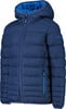 Blaue Daunenjacke mit Kapuze, blauem Futter und CMP-Logo.