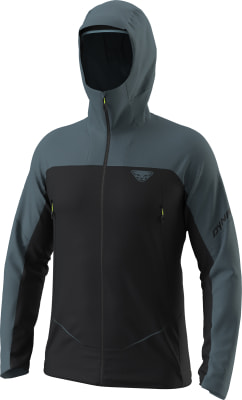 Schwarze Jacke mit grauem Kragen und Ärmeln, Dynafit-Logo auf der Brust.