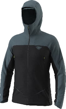 Schwarze Jacke mit grauem Kragen und Ärmeln, Dynafit-Logo auf der Brust.