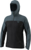 Schwarze Jacke mit grauem Kragen und Ärmeln, Dynafit-Logo auf der Brust.
