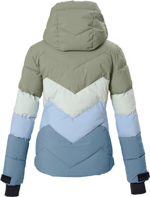 Rückansicht einer Daunenjacke mit farbigem Chevron-Muster und Kapuze. Rückansicht einer Daunenjacke mit farbigem Chevron-Muster und Kapuze.