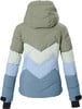 Rückansicht einer Daunenjacke mit farbigem Chevron-Muster und Kapuze.