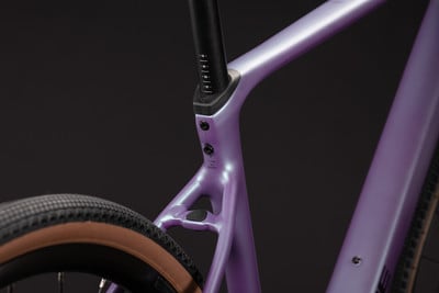 Detail des Rahmens eines violetten Gravelbikes mit zwei Schrauben und Reifen. Detail des Rahmens eines violetten Gravelbikes mit zwei Schrauben und Reifen.