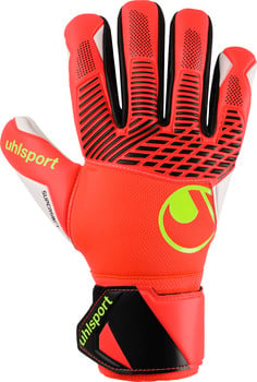 Orangenhandschuh mit schwarzen und weißen Details und Uhlsport-Logo.
