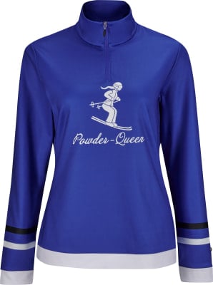 Blaues Skitop mit weißem Skifahrer-Aufdruck und Schriftzug „Powder-Queen“.