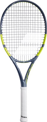 Tennisschläger mit dunkelgrauem Rahmen und gelben Akzenten.