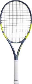 Tennisschläger mit dunkelgrauem Rahmen und gelben Akzenten.