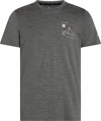 Graues T-Shirt mit Bergmotiv und Koordinatenaufdruck. Graues T-Shirt mit Bergmotiv und Koordinatenaufdruck.