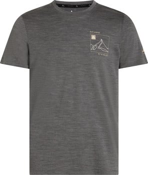 Graues T-Shirt mit Bergmotiv und Koordinatenaufdruck.