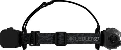 Schwarze LEDLENSER Stirnlampe mit verstellbarem Gurt und großem Reflektor. Schwarze LEDLENSER Stirnlampe mit verstellbarem Gurt und großem Reflektor.
