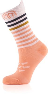 Orangefarbener Socken mit Streifen und Logo, mit rutschfesten Elementen.