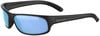 Schwarze Sportsonnenbrille mit blauen Spiegellinsen und Bolle-Logo.