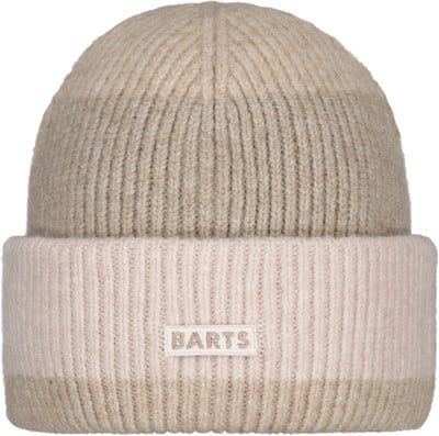 Beige Strickmütze mit BARTS-Logo und hellrosa Umschlag. Beige Strickmütze mit BARTS-Logo und hellrosa Umschlag.