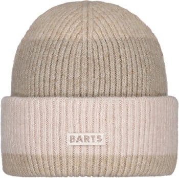 Beige Strickmütze mit BARTS-Logo und hellrosa Umschlag.