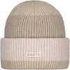 Beige Strickmütze mit BARTS-Logo und hellrosa Umschlag.