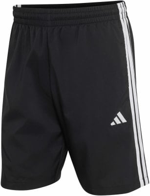 Schwarze Adidas Shorts mit weißen Streifen und Logo.
