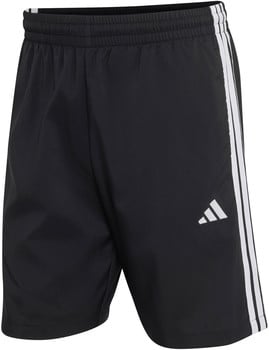 Schwarze Adidas Shorts mit weißen Streifen und Logo.