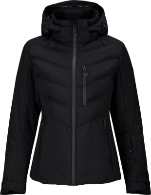 Schwarze Daunenjacke mit Kapuze und Reißverschluss. Schwarze Daunenjacke mit Kapuze und Reißverschluss.