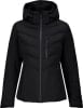 Schwarze Daunenjacke mit Kapuze und Reißverschluss.