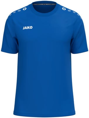 Blaues T-Shirt mit JAKO-Logo und weißen Punkten auf den Schultern. Blaues T-Shirt mit JAKO-Logo und weißen Punkten auf den Schultern.