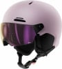 Rosa Skihelm mit violettem Visier und schwarzen Riemen.