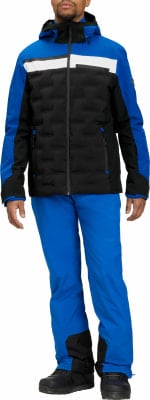 Mann in einer blauen Skijacke mit schwarzen und weißen Streifen und blauer Skihose. Mann in einer blauen Skijacke mit schwarzen und weißen Streifen und blauer Skihose.