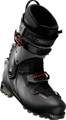 Ein schwarzer Atomic Skischuh mit roten Details und verstellbaren Schnallen.