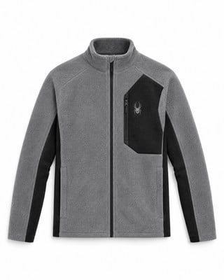 Graue Fleecejacke mit Reißverschluss, schwarzen Einsätzen und Spyder-Logo. Graue Fleecejacke mit Reißverschluss, schwarzen Einsätzen und Spyder-Logo.