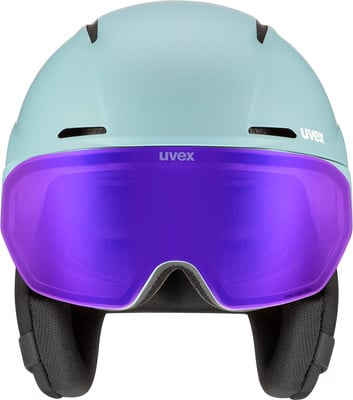 Skihelm UVEX in Hellblau mit violettem Visier. Skihelm UVEX in Hellblau mit violettem Visier.