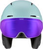 Skihelm UVEX in Hellblau mit violettem Visier.