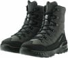 Ein Paar graue Winterstiefel mit schwarzer Sohle und Schnürsenkeln.