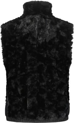 Schwarze Kunstpelzweste mit hohem Kragen von hinten.