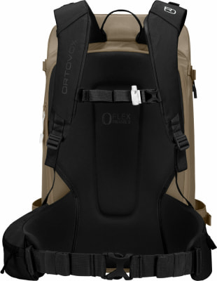 Rückseite eines beigen Rucksacks mit schwarzer Polsterung und Trägern.