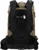 Rückseite eines beigen Rucksacks mit schwarzer Polsterung und Trägern.