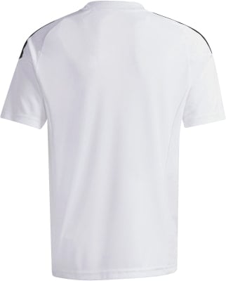 Rückansicht eines weißen T-Shirts mit schwarzen Streifen an den Schultern. Rückansicht eines weißen T-Shirts mit schwarzen Streifen an den Schultern.