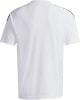 Rückansicht eines weißen T-Shirts mit schwarzen Streifen an den Schultern.