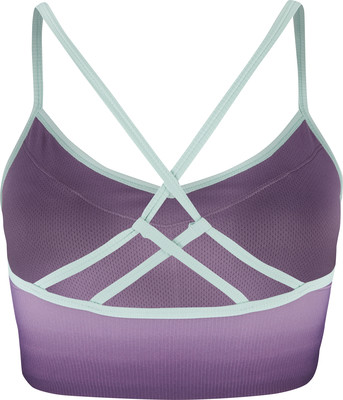 Lila Sport-BH mit mintgrünen Trägern und gekreuztem Rücken. Lila Sport-BH mit mintgrünen Trägern und gekreuztem Rücken.