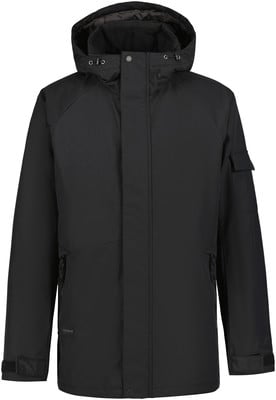 Schwarze Herren-Winterjacke mit Kapuze und Reißverschlusstaschen. Schwarze Herren-Winterjacke mit Kapuze und Reißverschlusstaschen.