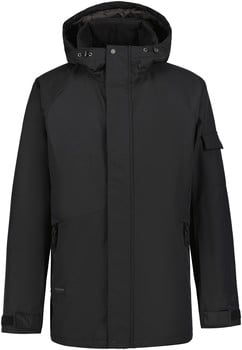 Schwarze Herren-Winterjacke mit Kapuze und Reißverschlusstaschen.